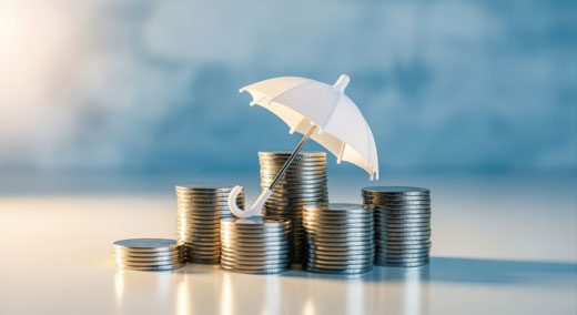 Münzstapel die unter einem kleinen Regenschirm trappiert sind