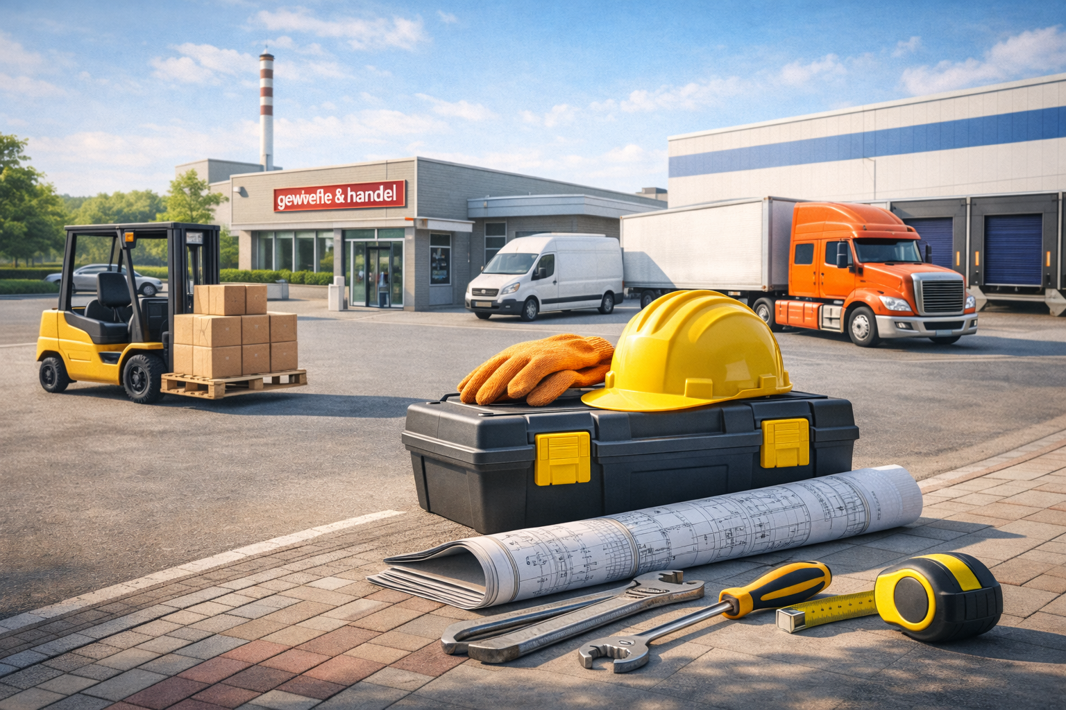 Außenansicht einer Lagerhalle mit Stapler, Werkzeugkasten und LKW