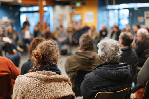 Sitzende Menschen bei einer Versammlung